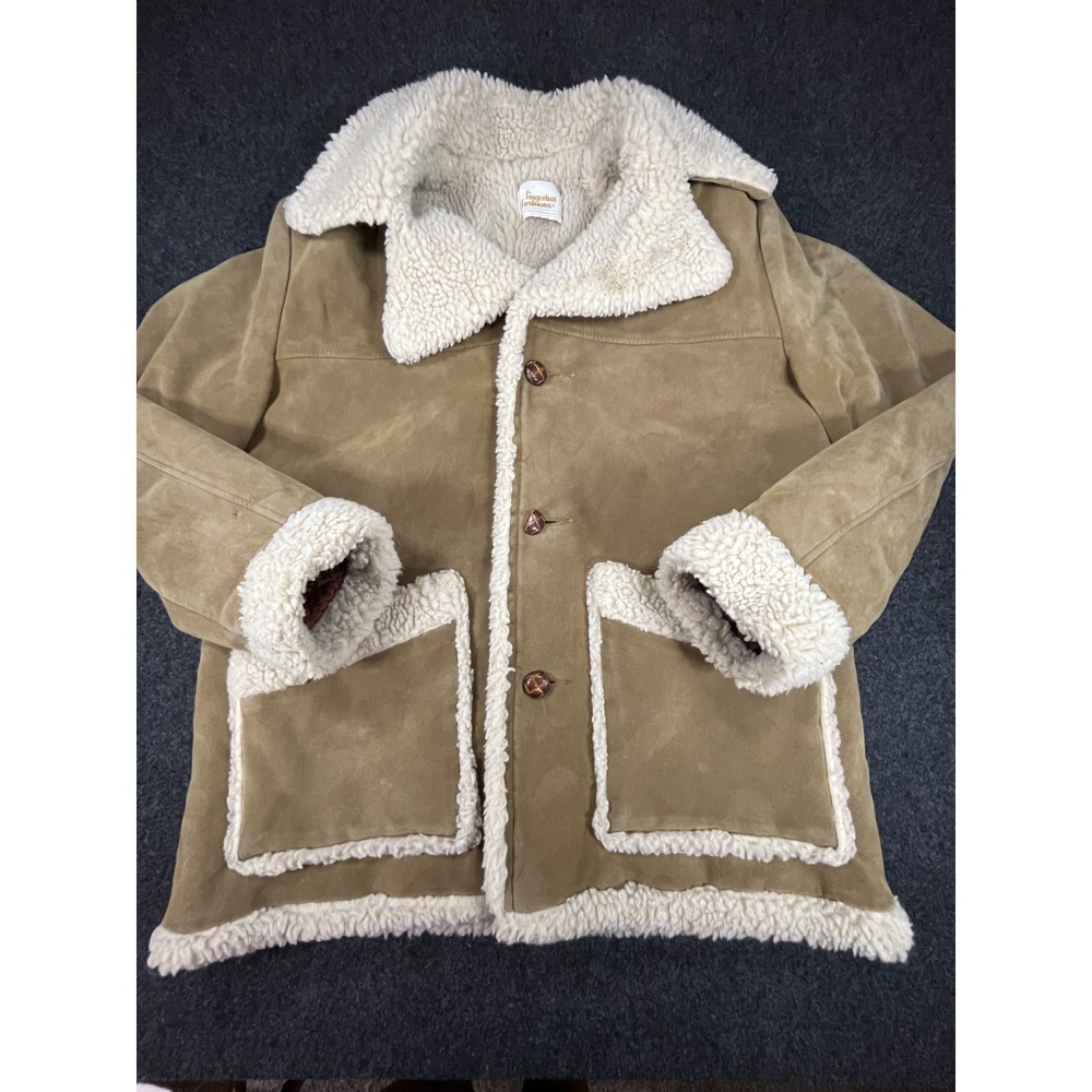 Vintage 70s Fingerhut Fashions Sherpa Coat Mens L Brown Faux Suede Button Front